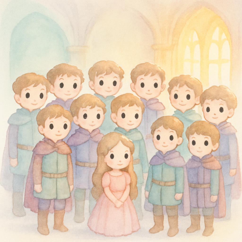 열한 명의 형들과 예쁜 여동생이 함께 있는 왕궁 장면