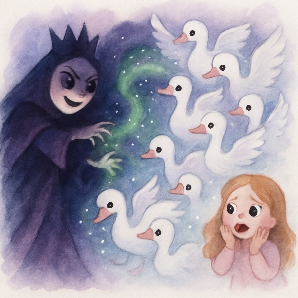 나쁜 계모 왕비가 마법을 부려 왕자들이 백조로 변하는 장면