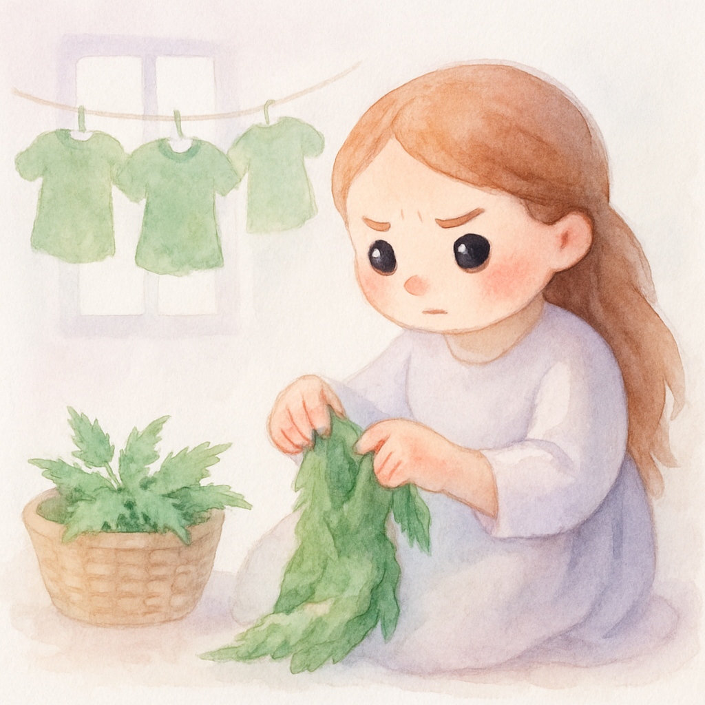 여동생이 따끔거리는 쐐기풀을 꺾으며 참고 옷을 만드는 장면