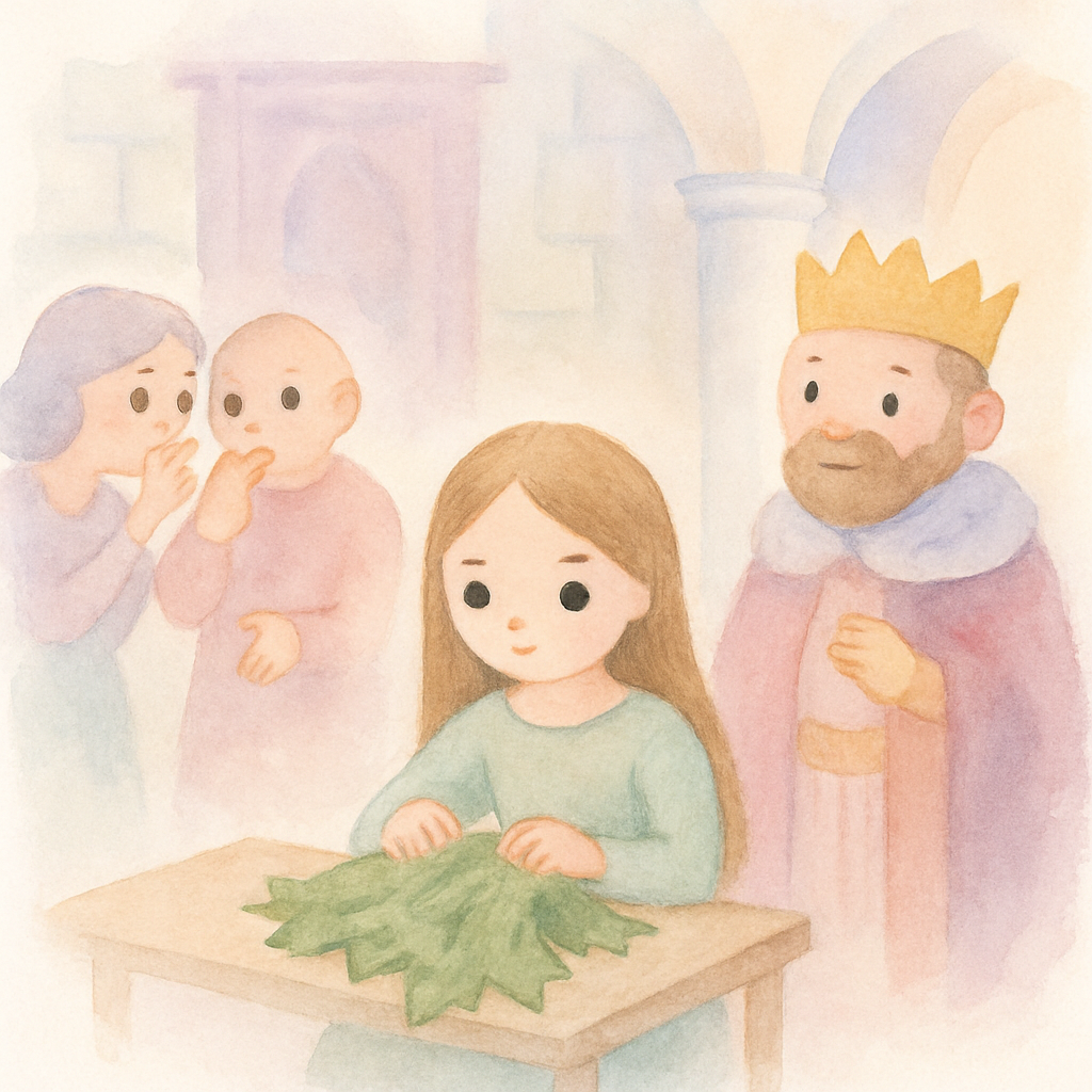 궁전에서도 말하지 않고 계속 옷을 만드는 여동생과 수군거리는 사람들