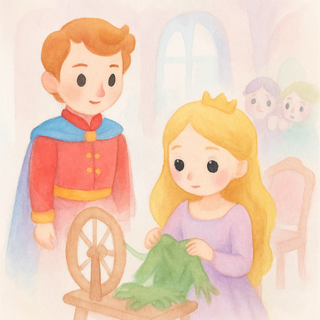 왕자가 공주를 성으로 데려가고, 공주가 성에서도 계속 옷을 만드는 장면