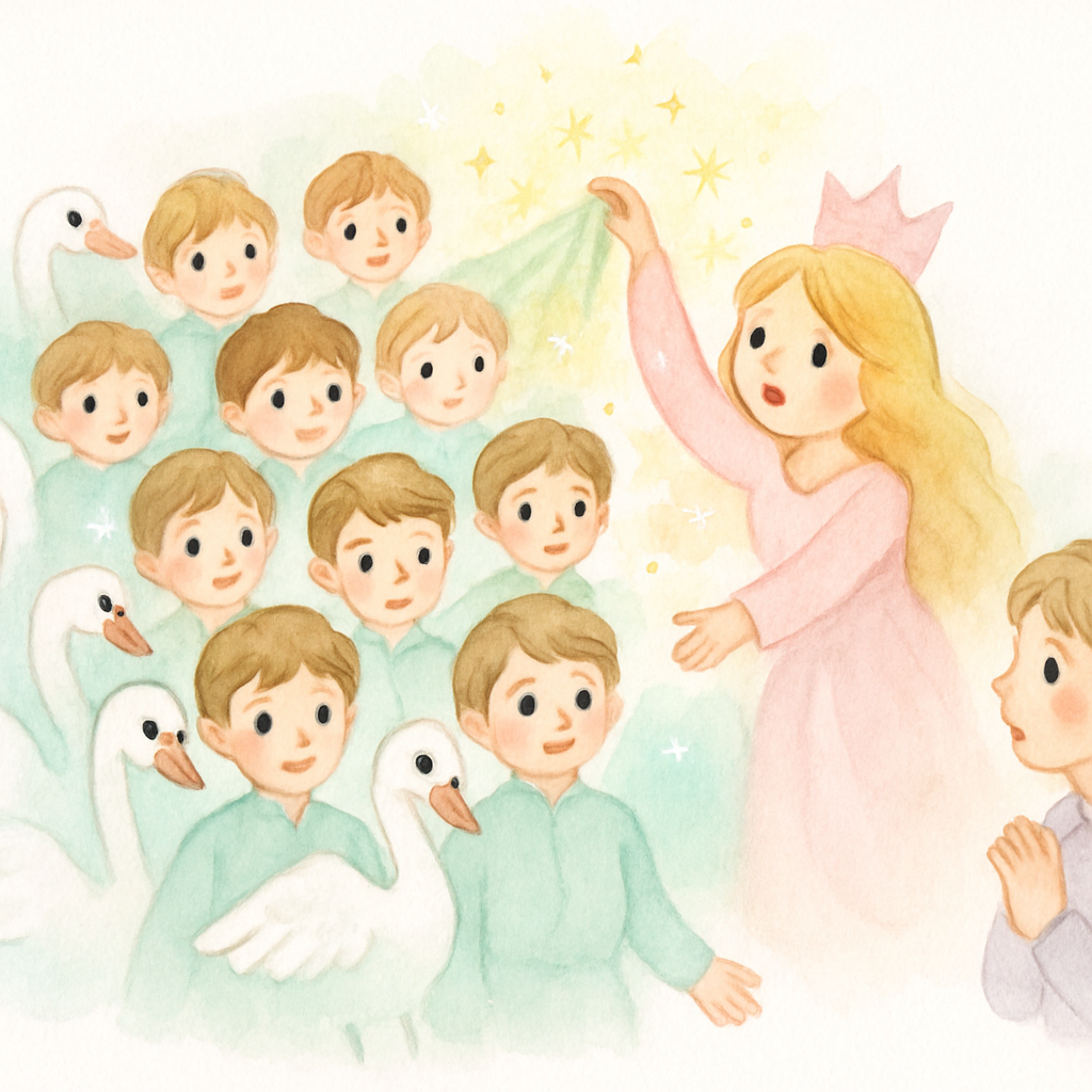 공주가 마지막 옷을 백조들에게 입히자 오빠들이 다시 사람으로 돌아오는 마법이 풀리는 장면