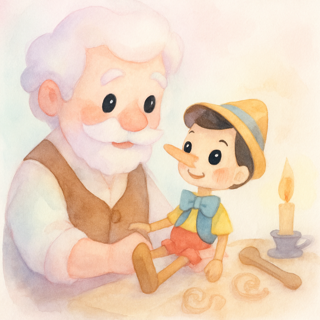 제페토 할아버지가 작업실에서 나무 인형 피노키오를 완성한 장면