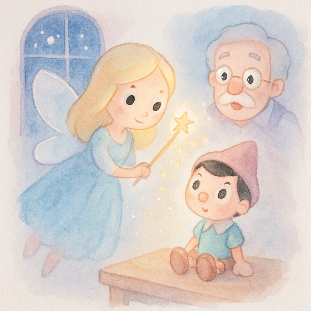 착한 요정이 나타나 피노키오에게 생명을 불어넣는 마법의 순간