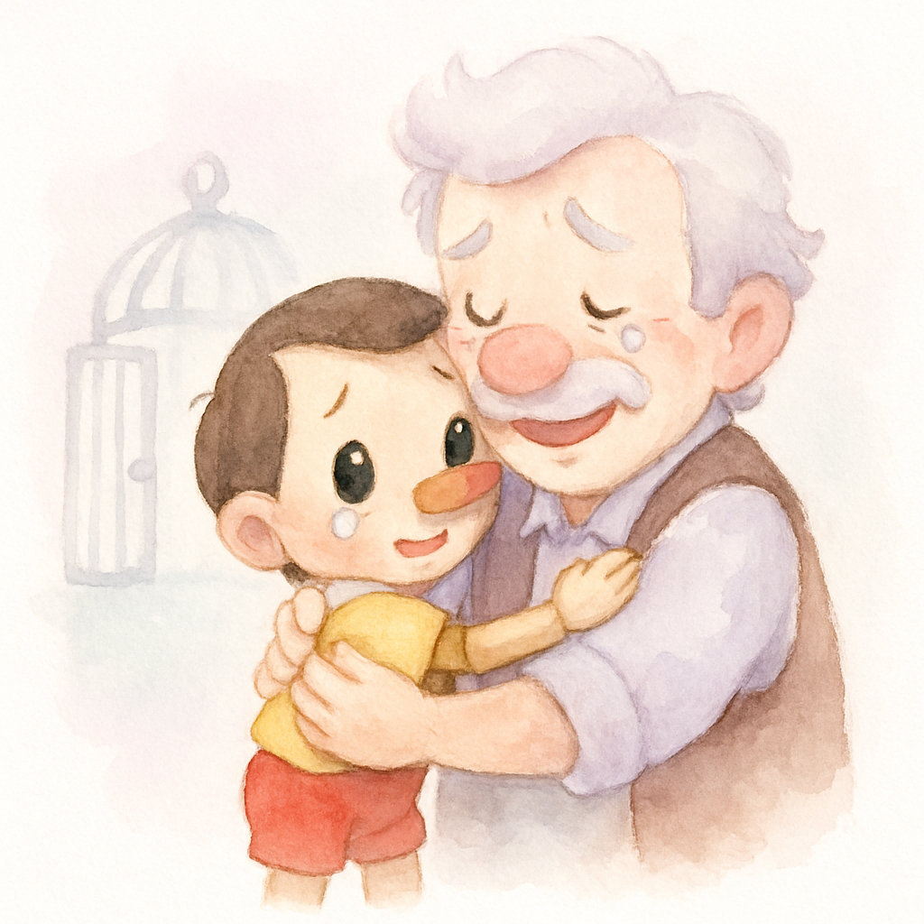 할아버지가 피노키오를 구출하고 둘이 포옹하는 장면