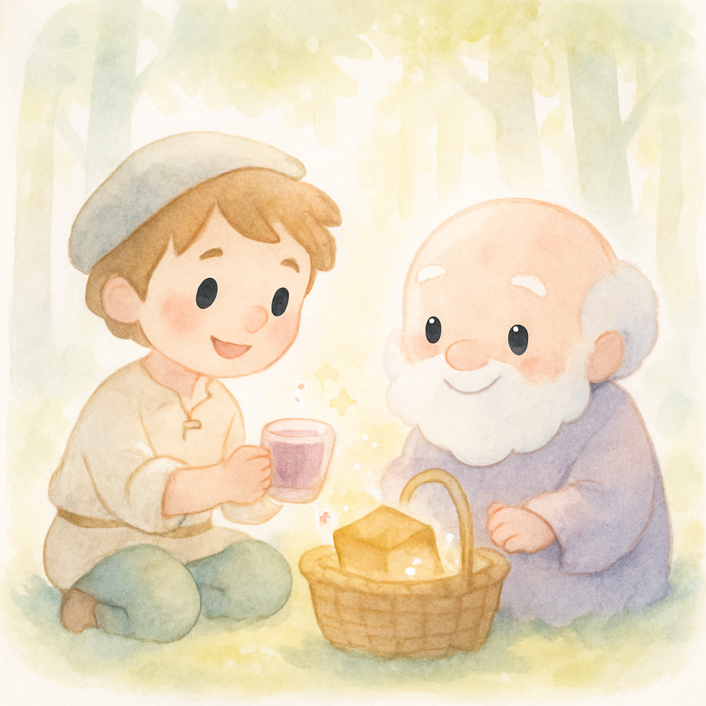 심플이가 숲에서 작은 할아버지와 딱딱한 빵을 나누어 먹는 장면. 바구니를 열자 빵이 폭신한 케이크로, 물이 포도주스로 변한 마법 같은 순간