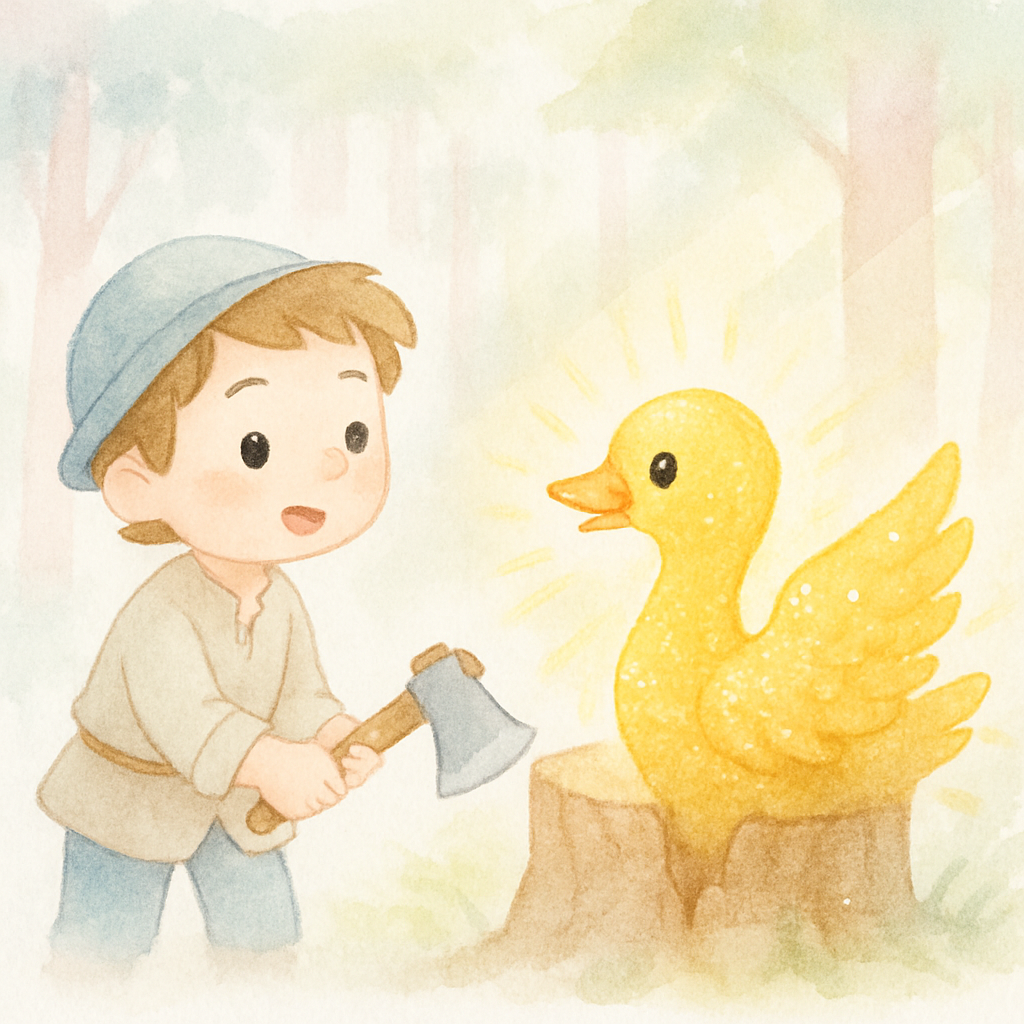 심플이가 나무를 자르자 안에서 황금빛 깃털을 가진 거위가 나오는 장면. 깃털이 햇빛에 반짝반짝 빛나는 모습