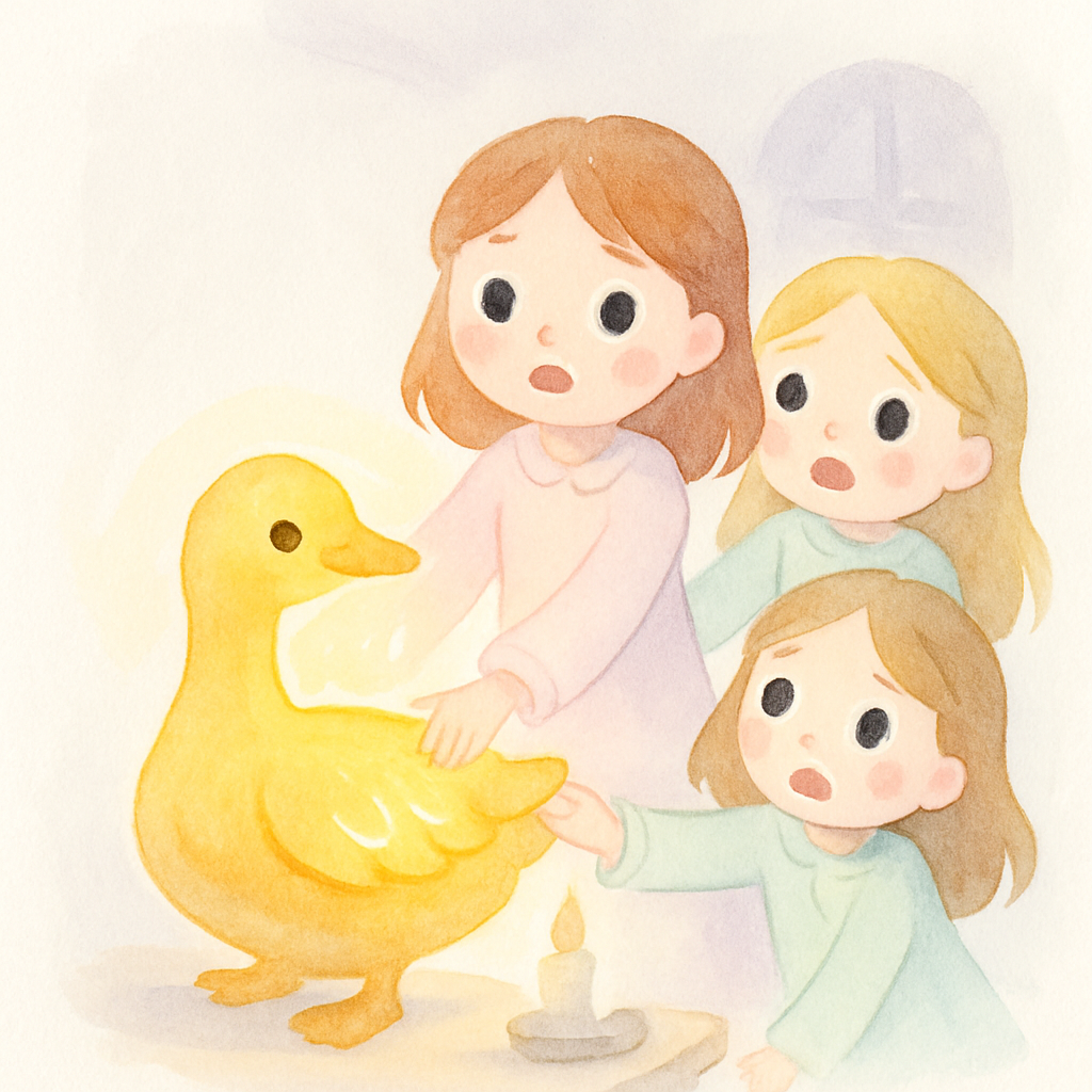 여관 주인의 세 딸이 밤에 황금 거위의 깃털을 만지려다가 차례로 손이 붙어버리는 장면