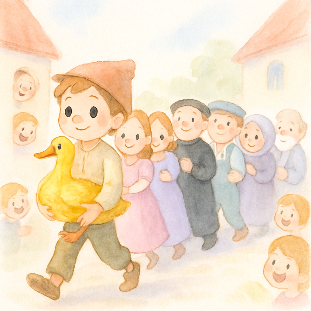 심플이가 황금 거위를 데리고 길을 걷는데, 거위에 붙은 세 딸, 목사님, 농부, 할머니, 할아버지 등 일곱 명이 줄줄이 따라가는 우스꽝스러운 행렬