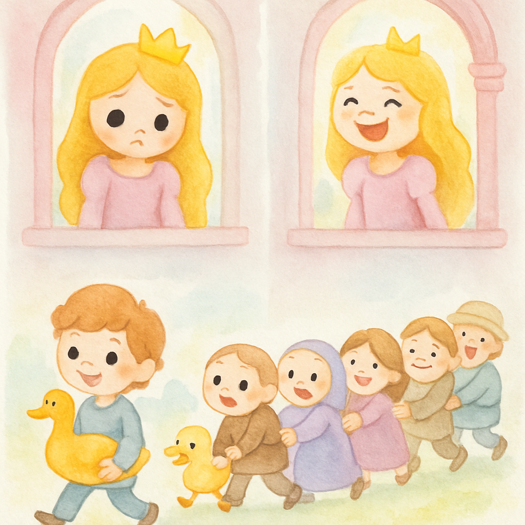 슬픈 공주님이 창문으로 일곱 명이 줄줄이 붙어서 뒤뚱거리며 걷는 우스꽝스러운 모습을 보고 처음으로 활짝 웃는 장면