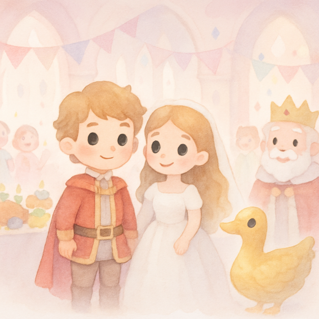 심플이와 공주님의 결혼식 장면. 황금 거위도 함께 있고, 성대한 잔치가 열리는 모습