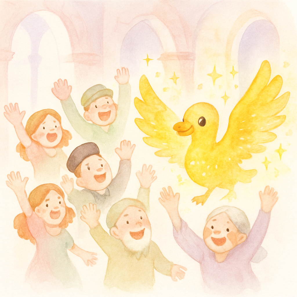 황금 거위가 날개를 펼쳐 사람들을 떨어뜨리고, 모두가 자유를 얻어 기뻐하는 장면