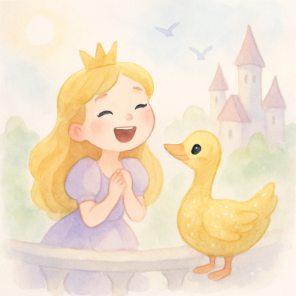 심플이와 공주님이 황금 거위와 함께 햇살 가득한 궁전에서 행복하게 웃으며 사는 마지막 장면