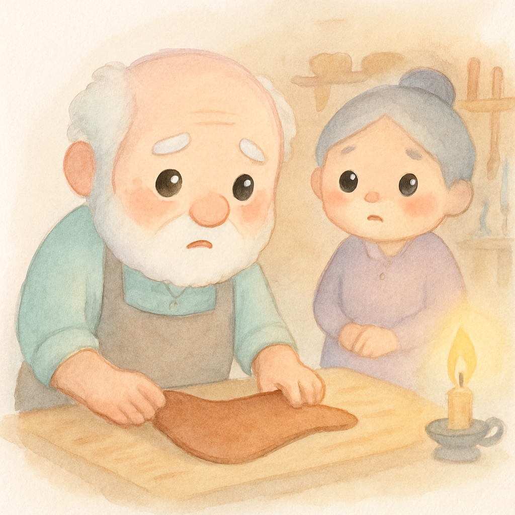 구두쟁이 할아버지가 마지막 남은 가죽 한 장을 탁자 위에 놓고 걱정스러운 표정으로 바라보는 장면