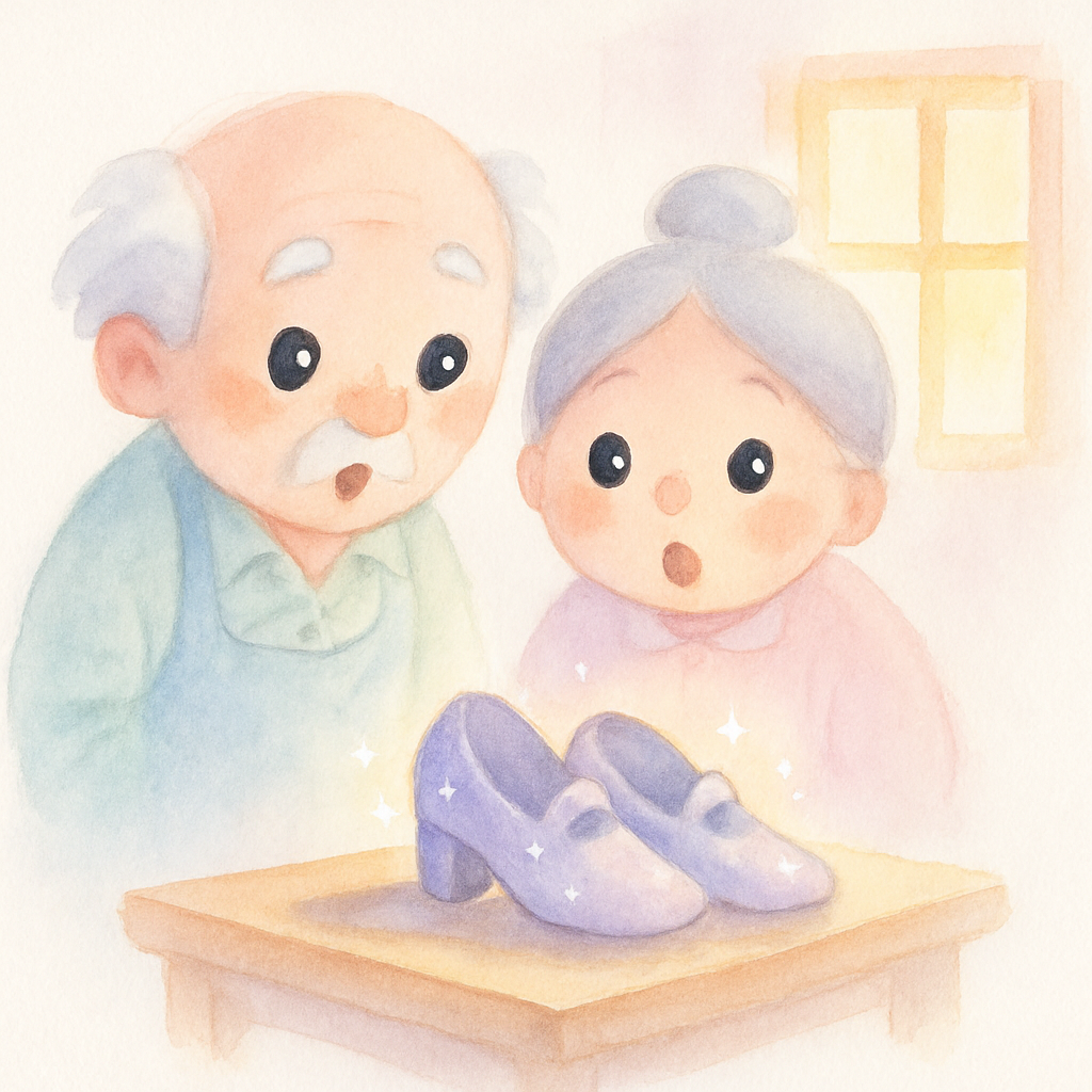 다음 날 아침, 할아버지와 할머니가 탁자 위의 반짝반짝 빛나는 아름다운 구두 한 켤레를 발견하고 깜짝 놀라는 장면