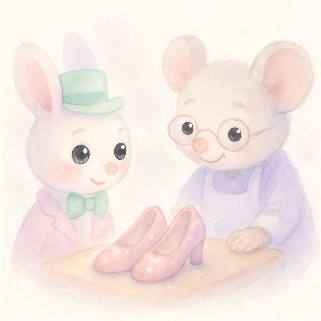 손님이 찾아와서 아름다운 구두를 보고 기뻐하며 구두를 사가는 장면