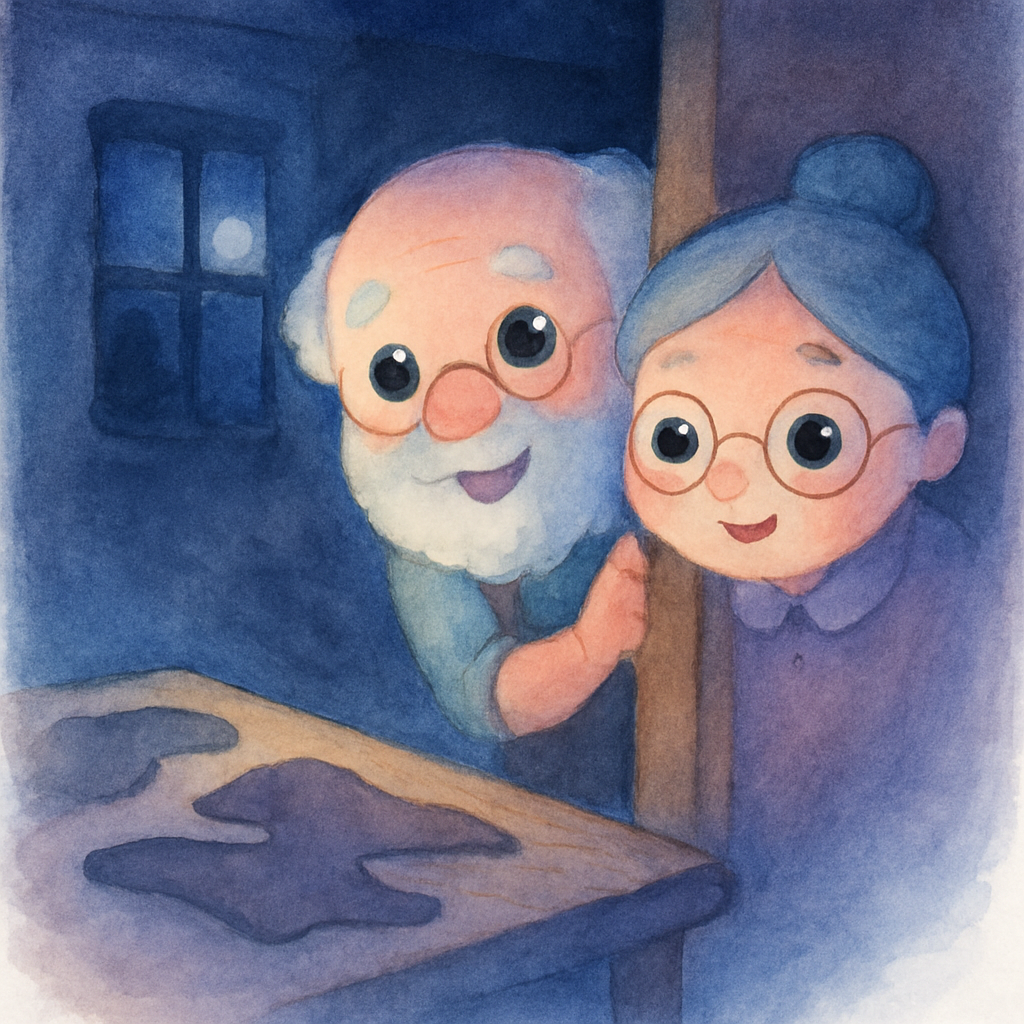 할아버지와 할머니가 커다란 옷장 뒤에 숨어서 조용히 지켜보는 장면