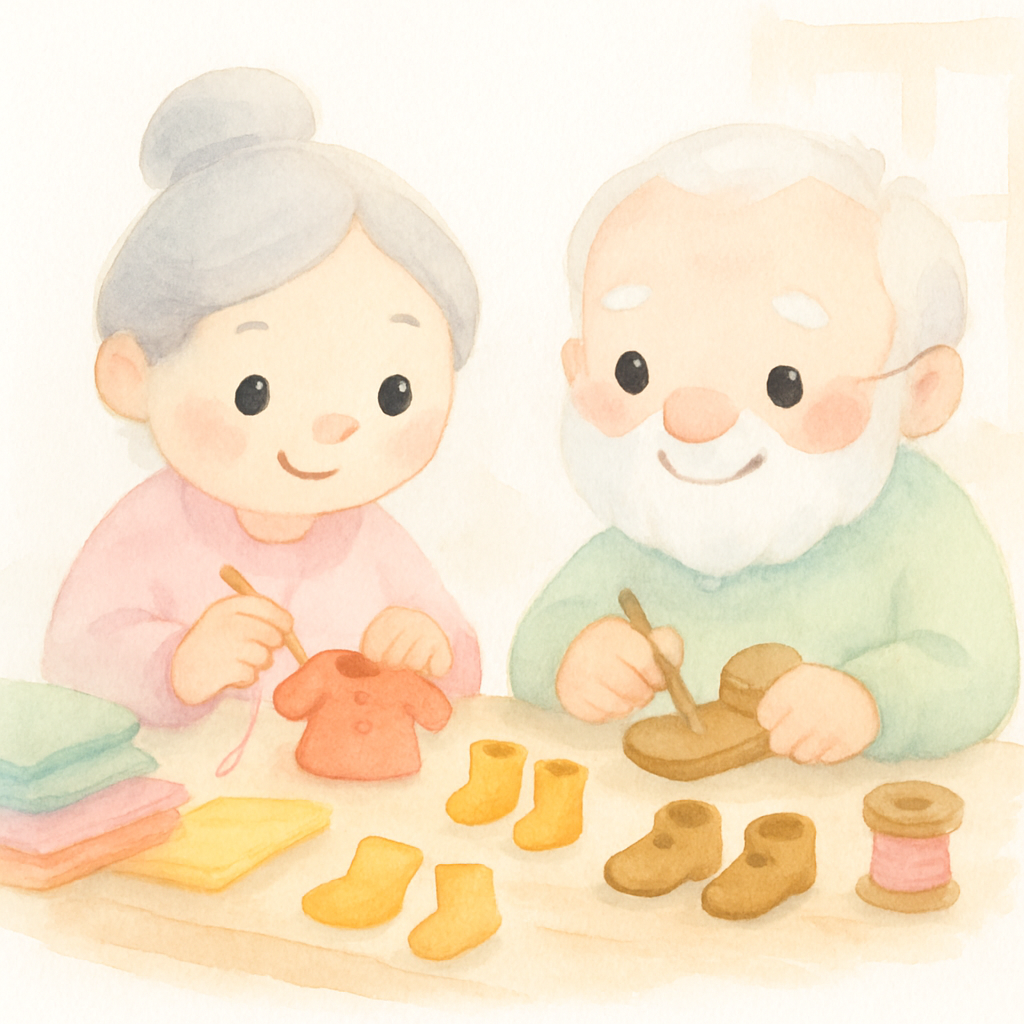 할머니가 작은 옷과 양말을 만들고 할아버지가 조그만 구두를 만드는 장면