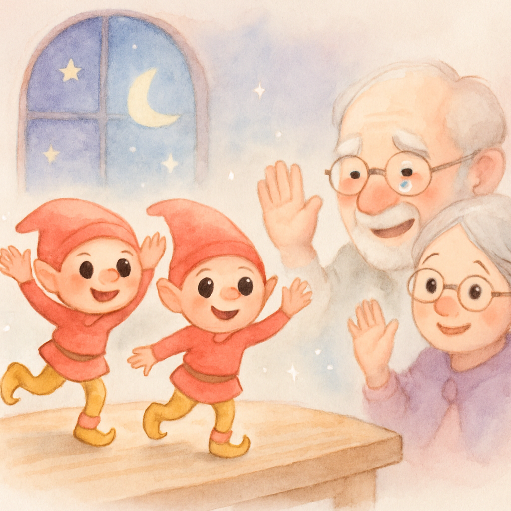 옷을 입은 요정들이 신나서 춤을 추며 방글방글 웃고, 할아버지와 할머니를 향해 손을 흔들며 작별 인사를 하는 장면