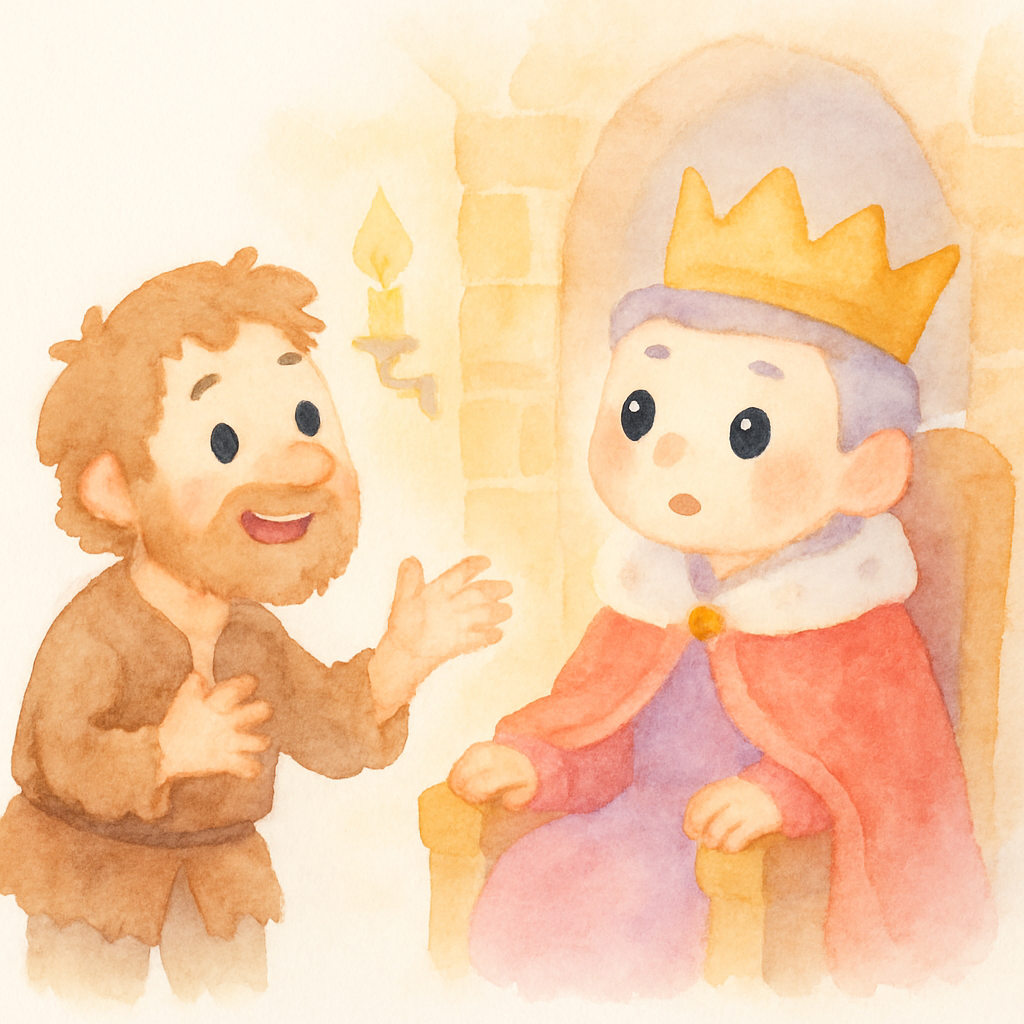 방앗간 주인이 왕에게 딸이 짚으로 금을 만들 수 있다고 거짓말하는 장면