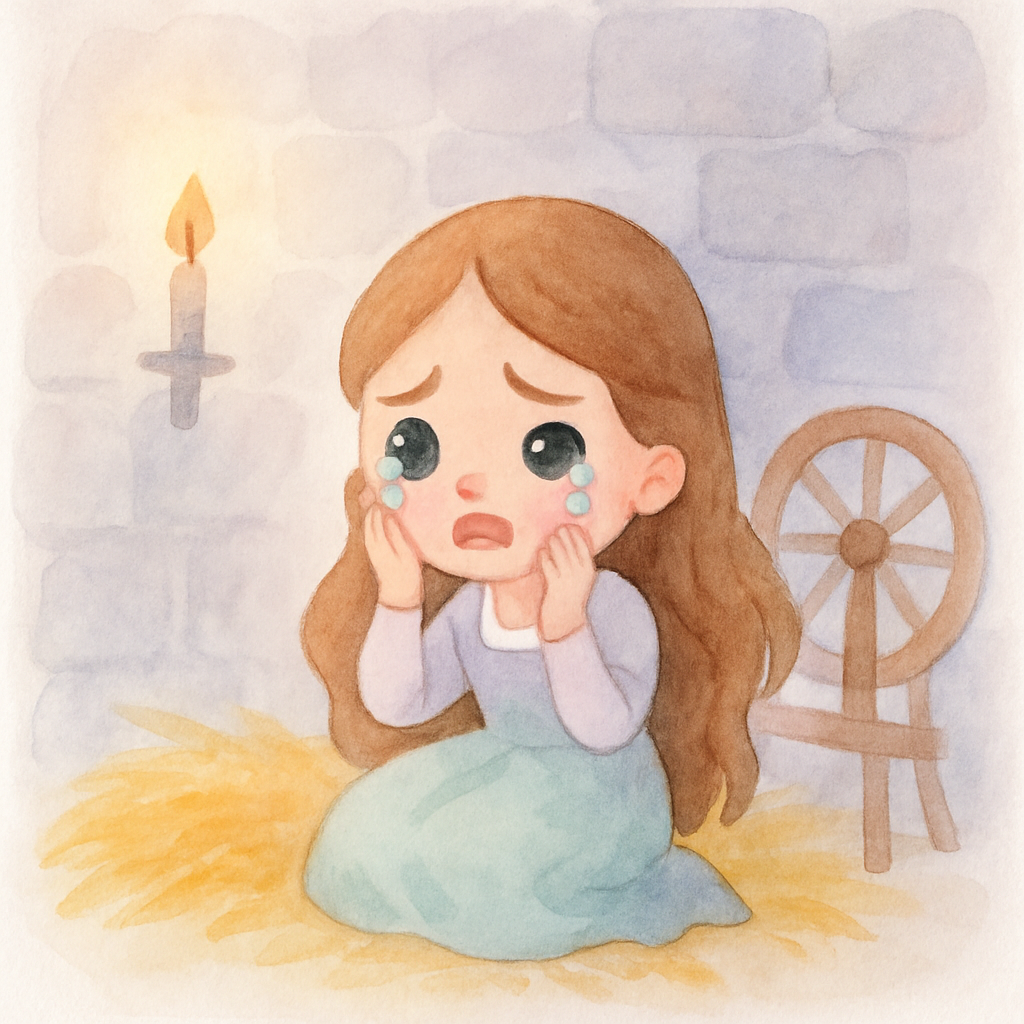 왕궁의 짚으로 가득 찬 작은 방에서 슬퍼하며 우는 딸