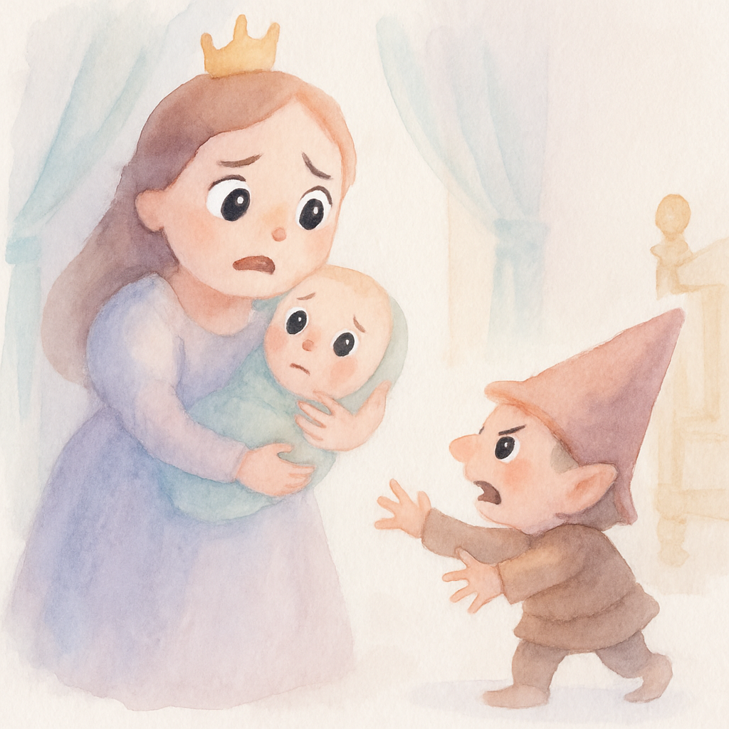 왕비가 된 여인이 아기를 안고 있는데 난쟁이가 나타나 아기를 요구하는 장면