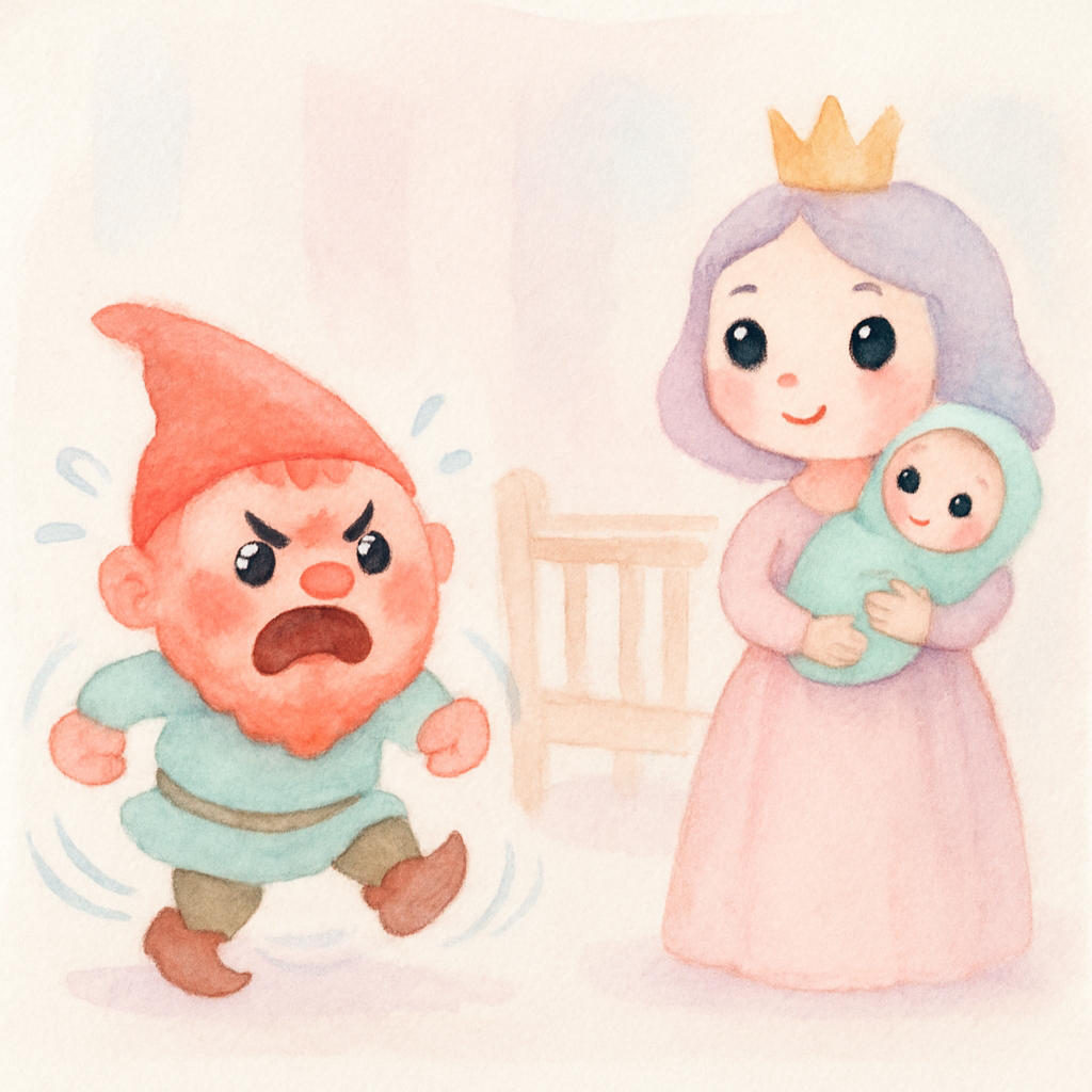 왕비가 난쟁이의 이름을 맞히자 난쟁이가 화내며 발을 구르고 도망가는 장면