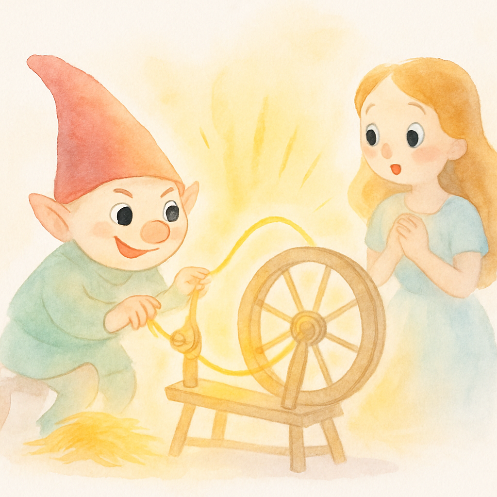 작은 난쟁이가 물레를 돌려 짚을 금으로 만드는 장면