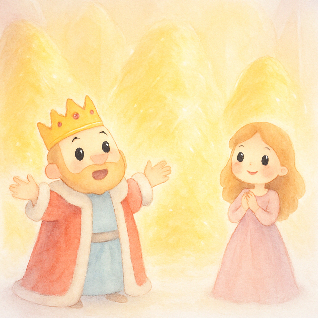 가장 큰 방에서 산처럼 쌓인 짚이 모두 금으로 변한 장면, 왕이 기뻐하며 딸과 결혼