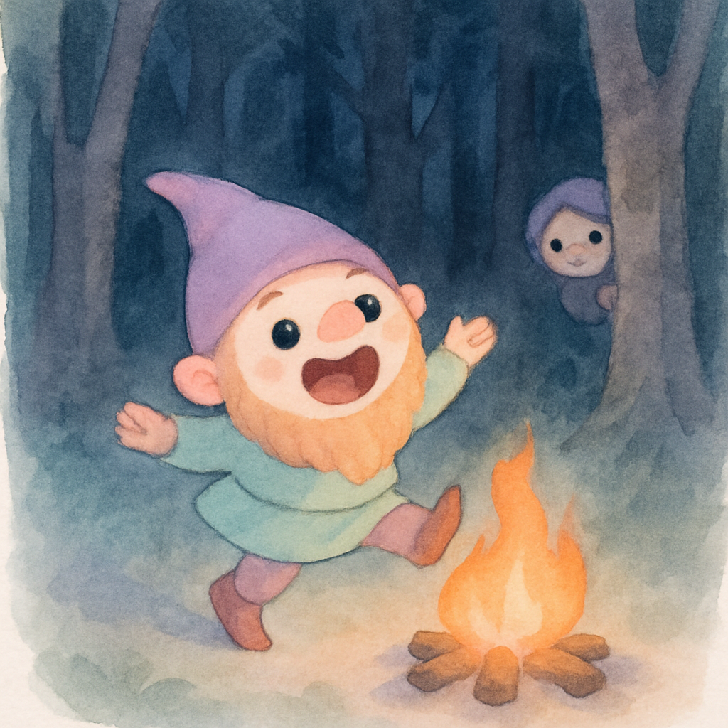 숲속에서 난쟁이가 불가에서 춤추며 자기 이름을 노래하는 장면