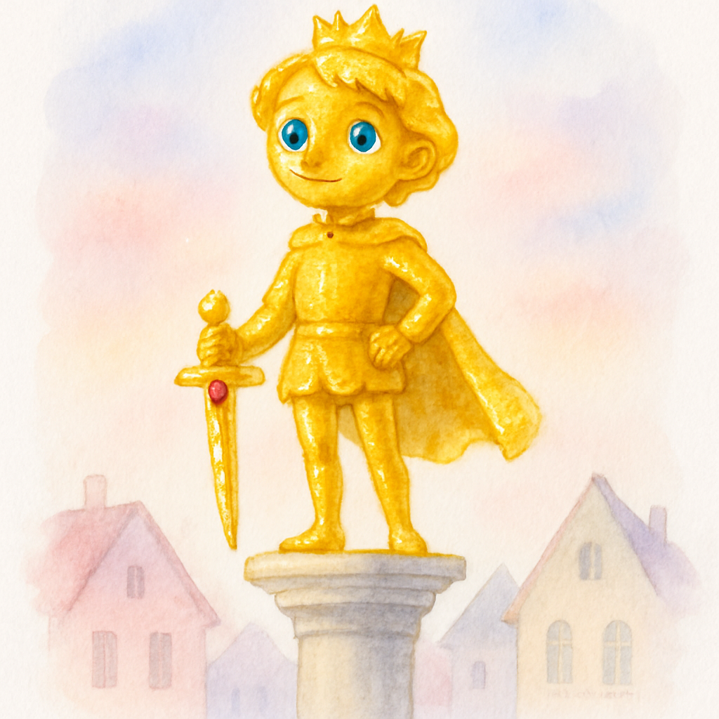 도시 광장 높은 곳에 서 있는 황금빛 왕자 동상. 온몸이 금으로 덮여 있고, 파란 보석 눈과 빨간 보석이 박힌 칼을 가진 아름다운 동상