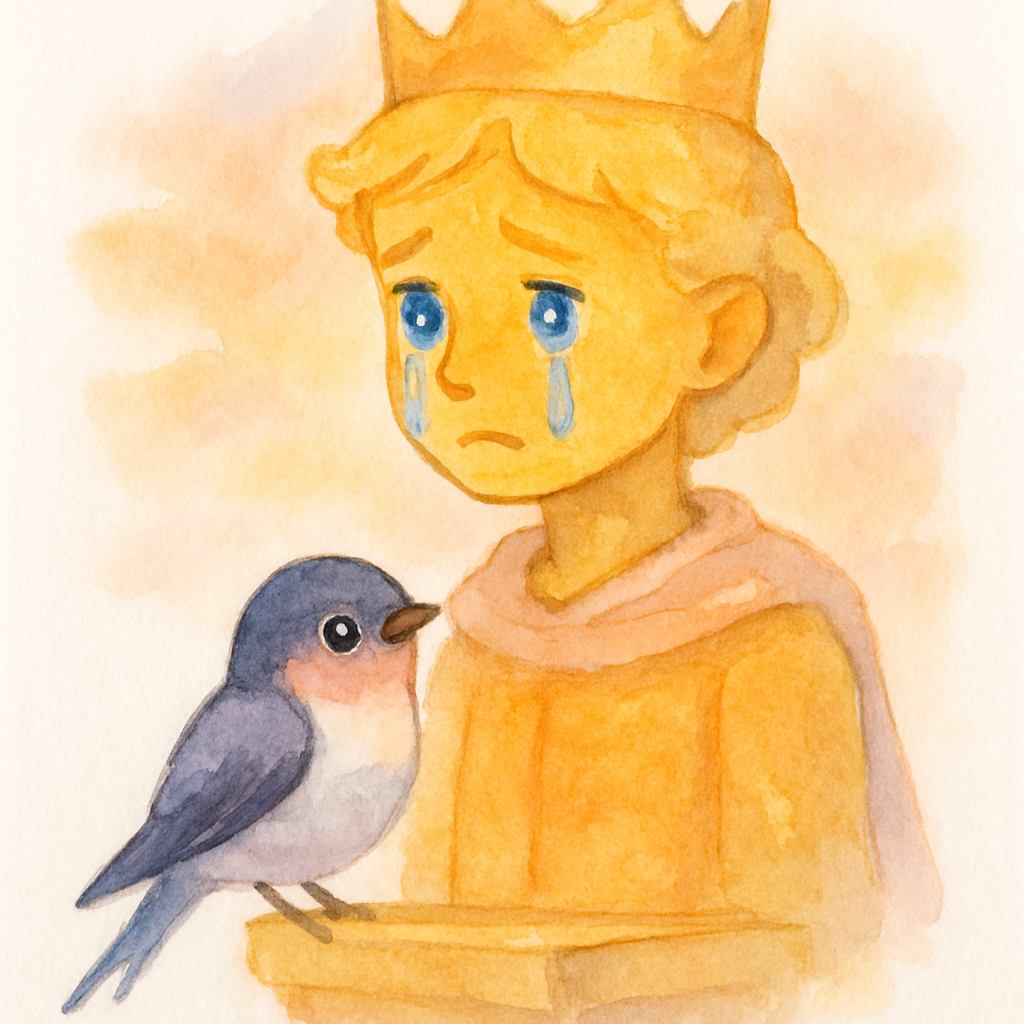 왕자 동상 발밑에서 쉬고 있는 작은 제비. 왕자가 눈물을 흘리며 우는 모습과 고개를 들어 왕자를 바라보는 제비