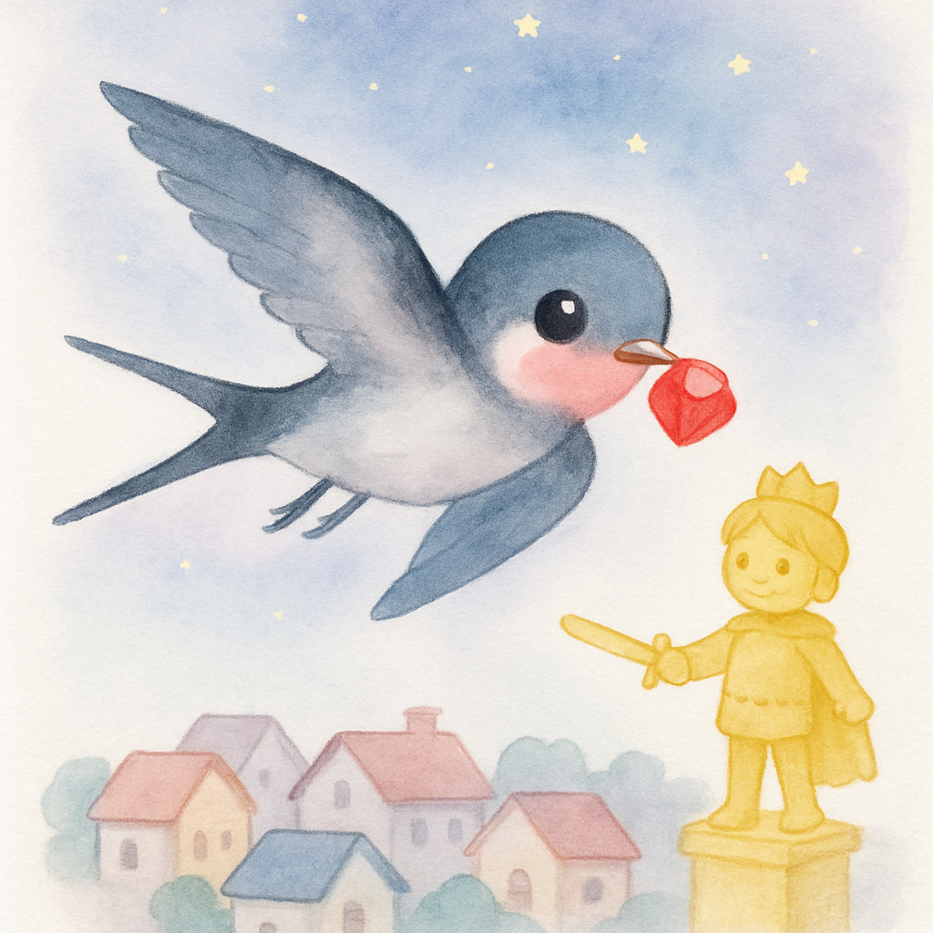 제비가 왕자의 칼에 박힌 빨간 보석을 부리로 빼내어 날아가는 장면. 배경에 가난한 사람들이 있는 마을