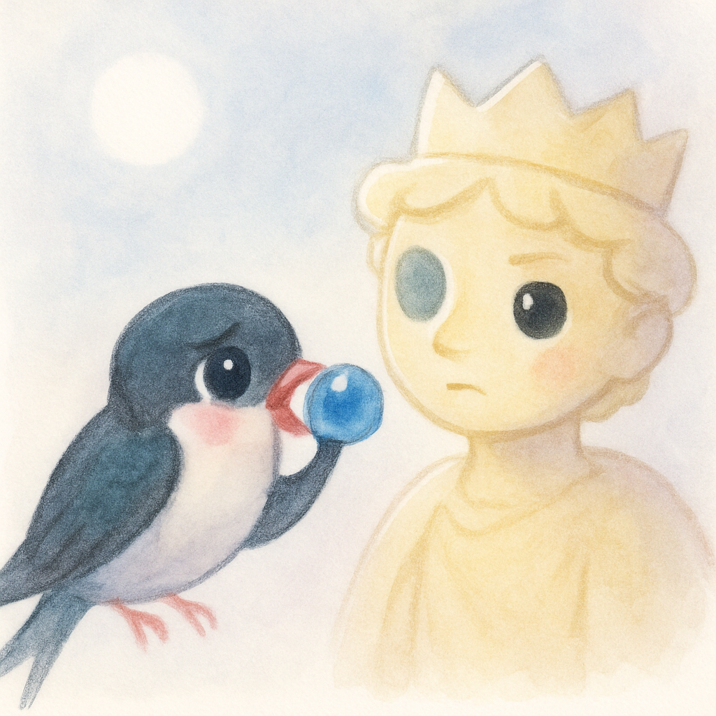 제비가 왕자의 파란 보석 눈을 떼어주는 장면. 걱정스러운 표정의 제비와 한쪽 눈이 없어진 왕자