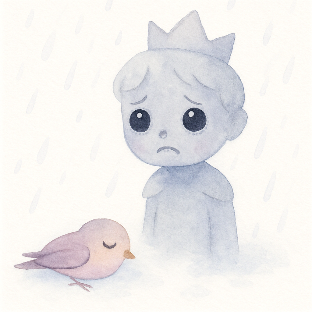 눈 내리는 겨울, 완전히 금이 벗겨지고 눈도 없는 회색 왕자 동상 발밑에서 추위에 떨다가 조용히 잠드는 제비