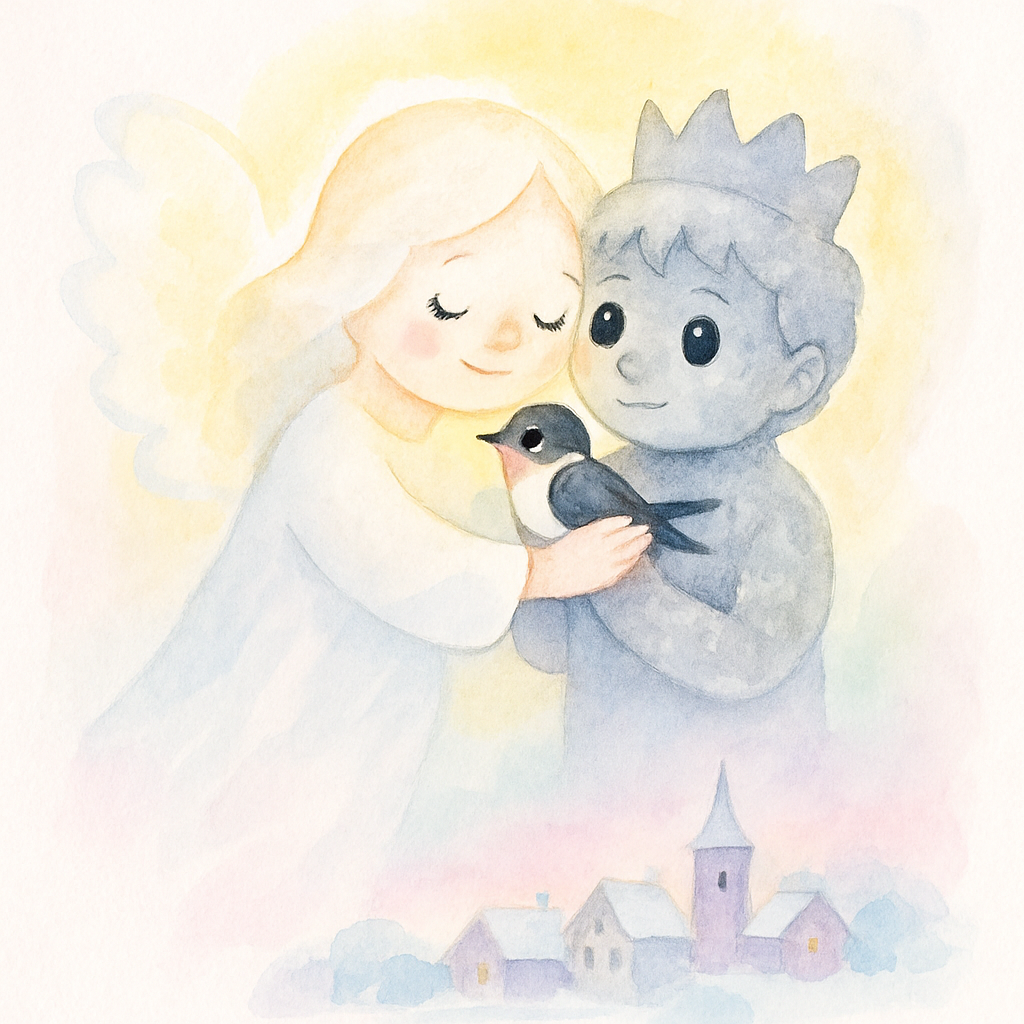하얀 천사가 하늘에서 내려와 왕자와 제비를 따뜻하게 안아주는 장면