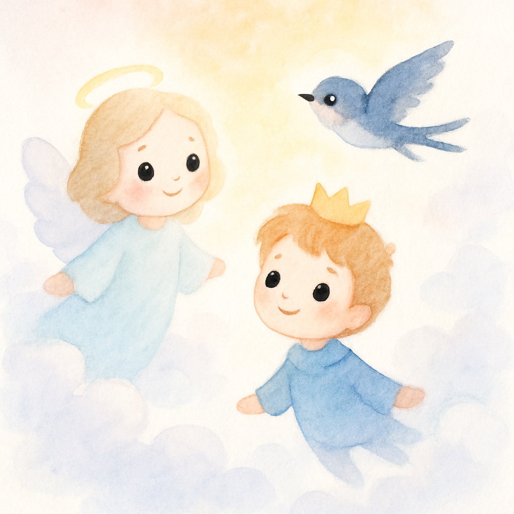 천사와 함께 구름 위 천국으로 올라가는 왕자와 제비. 따뜻하고 행복한 천국의 모습