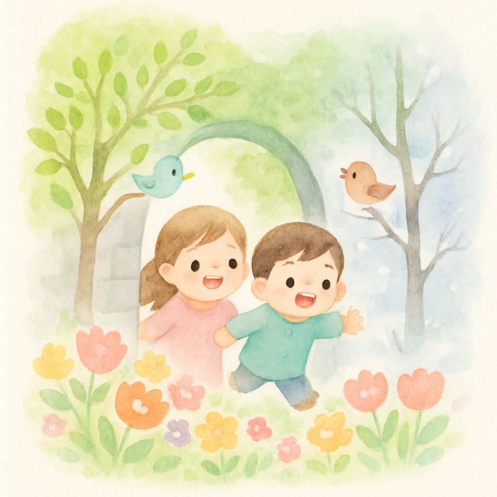 담 구멍으로 들어온 아이들이 있는 곳에 봄이 찾아온 신기한 장면