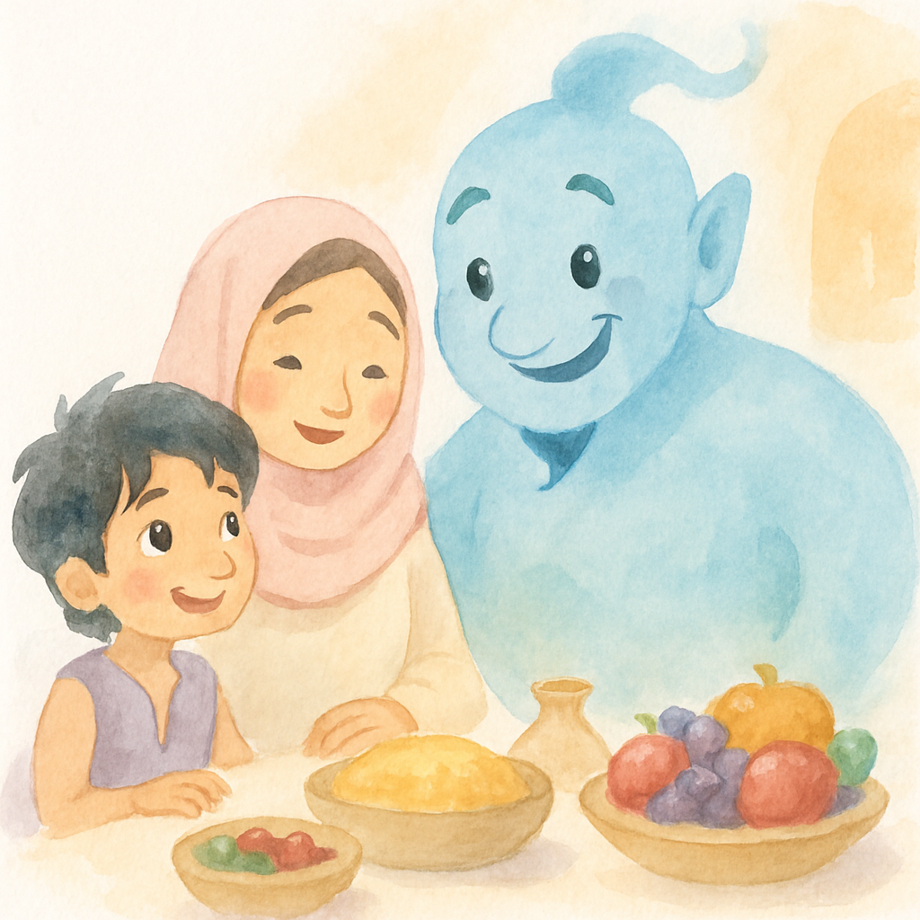 알라딘과 엄마가 지니가 만들어준 맛있는 음식을 함께 먹으며 행복하게 웃는 장면