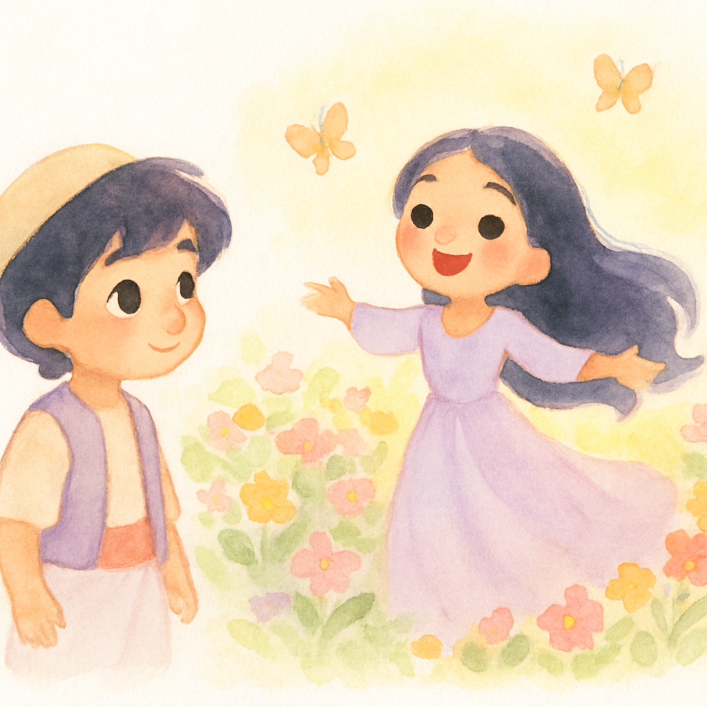 알라딘이 꽃밭에서 나비를 따라 웃고 있는 아름다운 공주를 처음 보는 장면