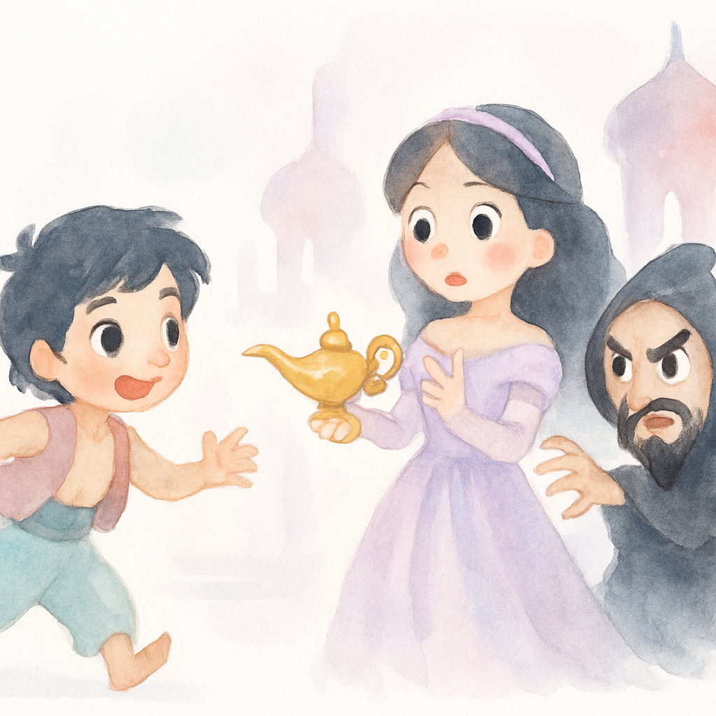 나쁜 마법사가 램프를 훔치려 하고 알라딘이 달려와 공주를 구하는 장면