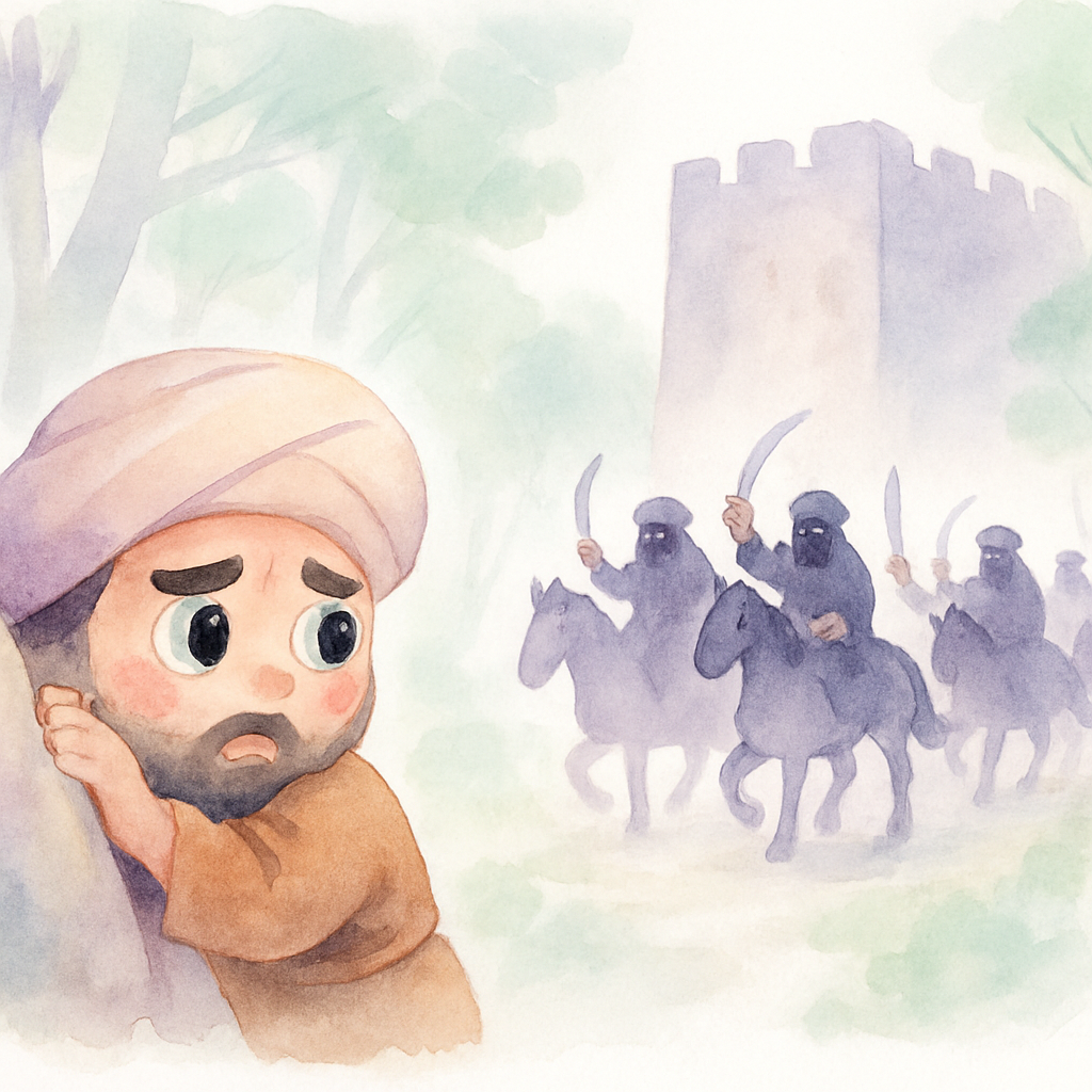 알리바바가 바위 뒤에 숨어 40인의 도둑들을 지켜보는 장면