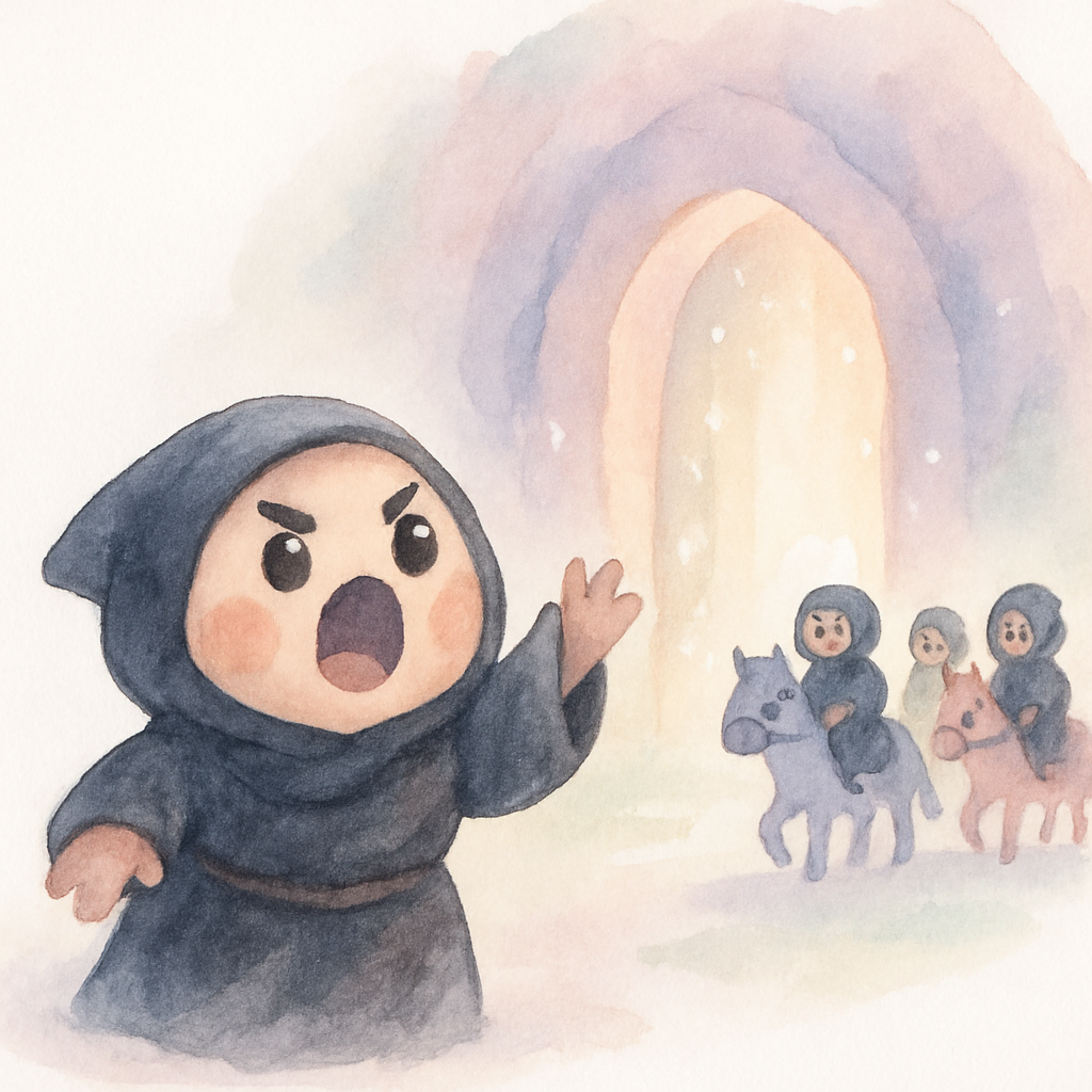 도둑 대장이 '열려라 참깨'를 외치며 바위 문이 열리는 마법 같은 장면