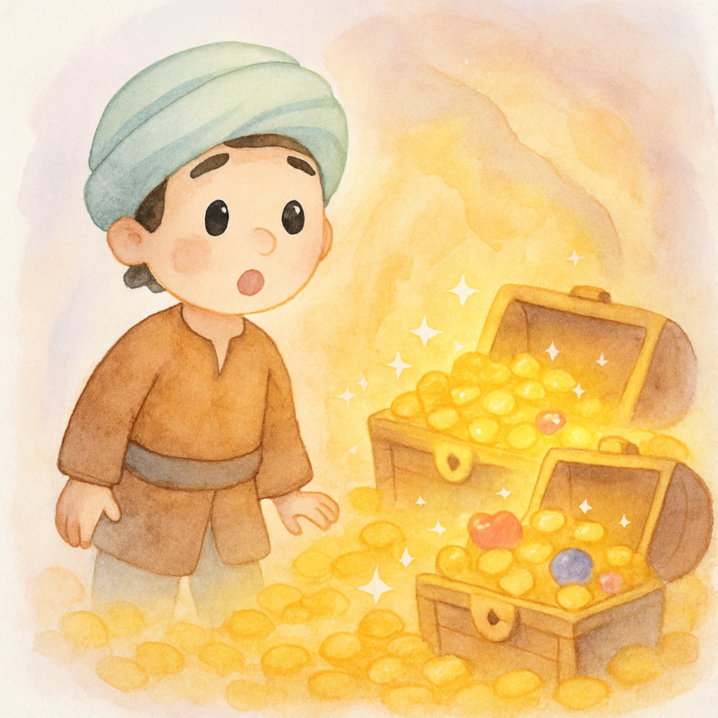 알리바바가 동굴 안에서 금화와 보석들을 발견하고 놀라는 장면