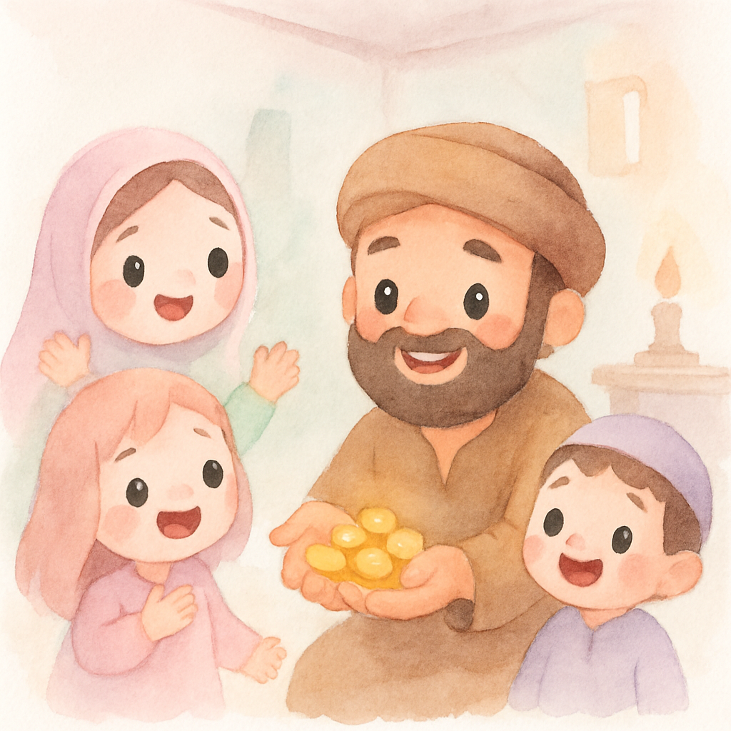 알리바바가 집에서 가족들에게 금화를 보여주며 모두 기뻐하는 장면