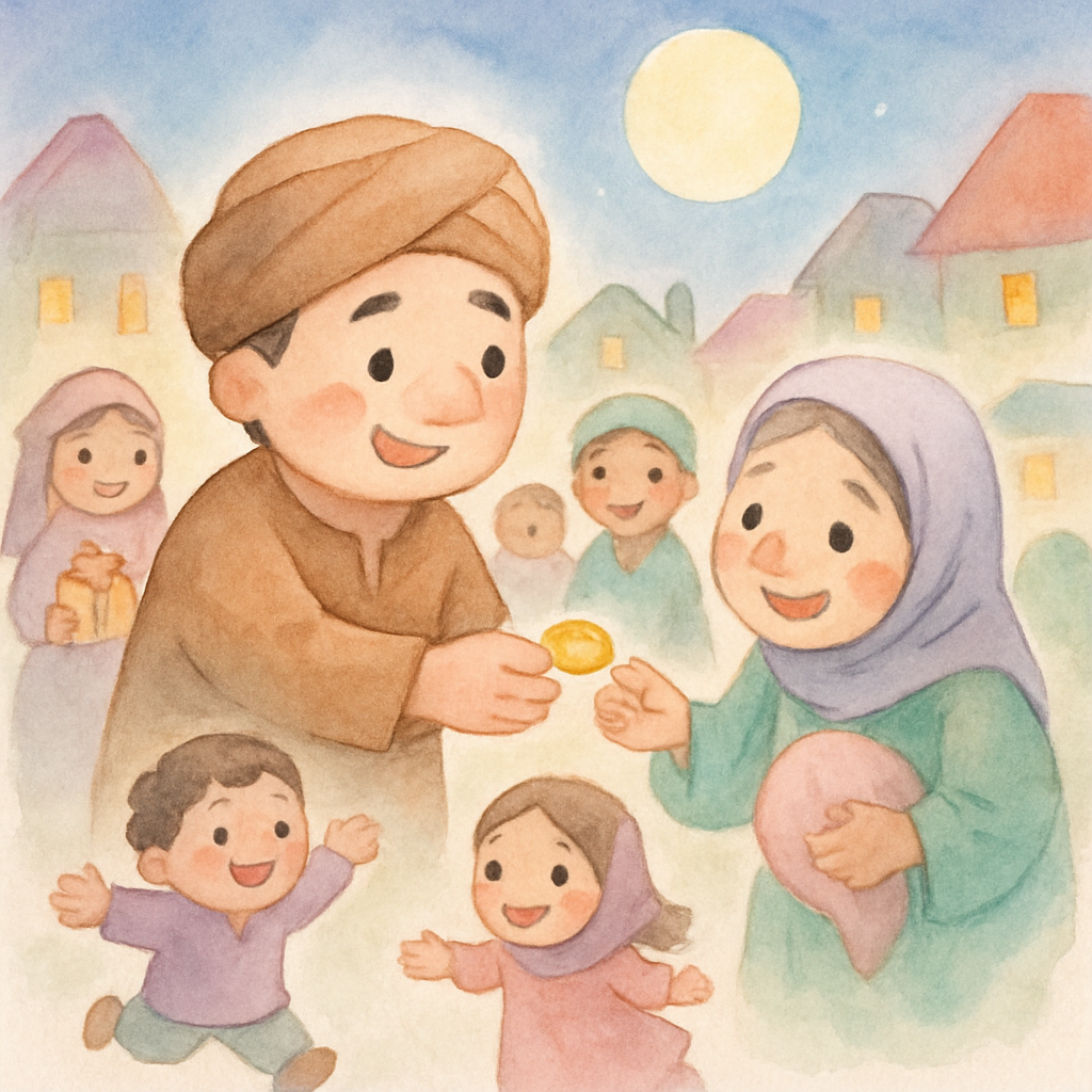 알리바바가 마을 사람들과 보물을 나누며 모두 행복하게 사는 결말 장면