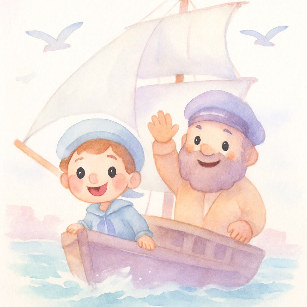 신밧드가 선장님과 함께 큰 배를 타고 출발하는 장면