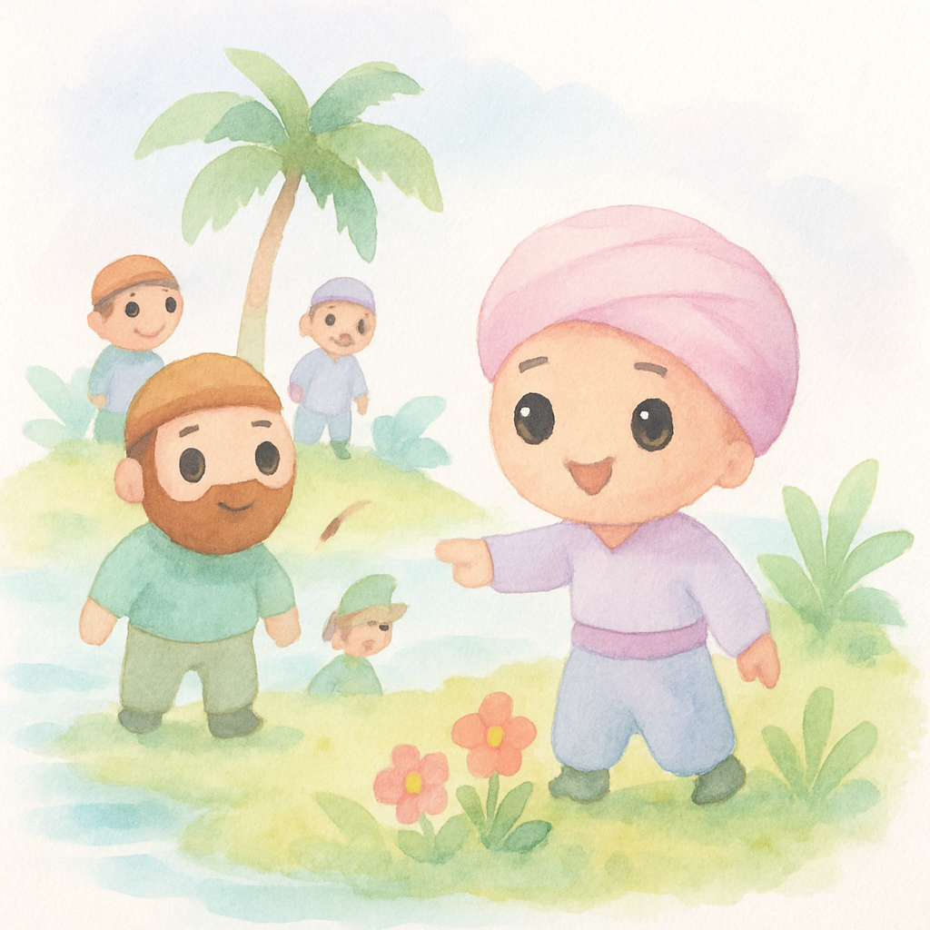 신밧드와 선원들이 아름다운 섬에 내려 탐험하는 모습