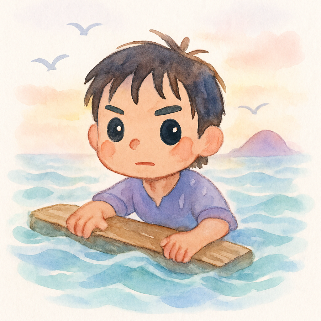 신밧드가 나무판자를 붙잡고 바다에 떠있는 장면