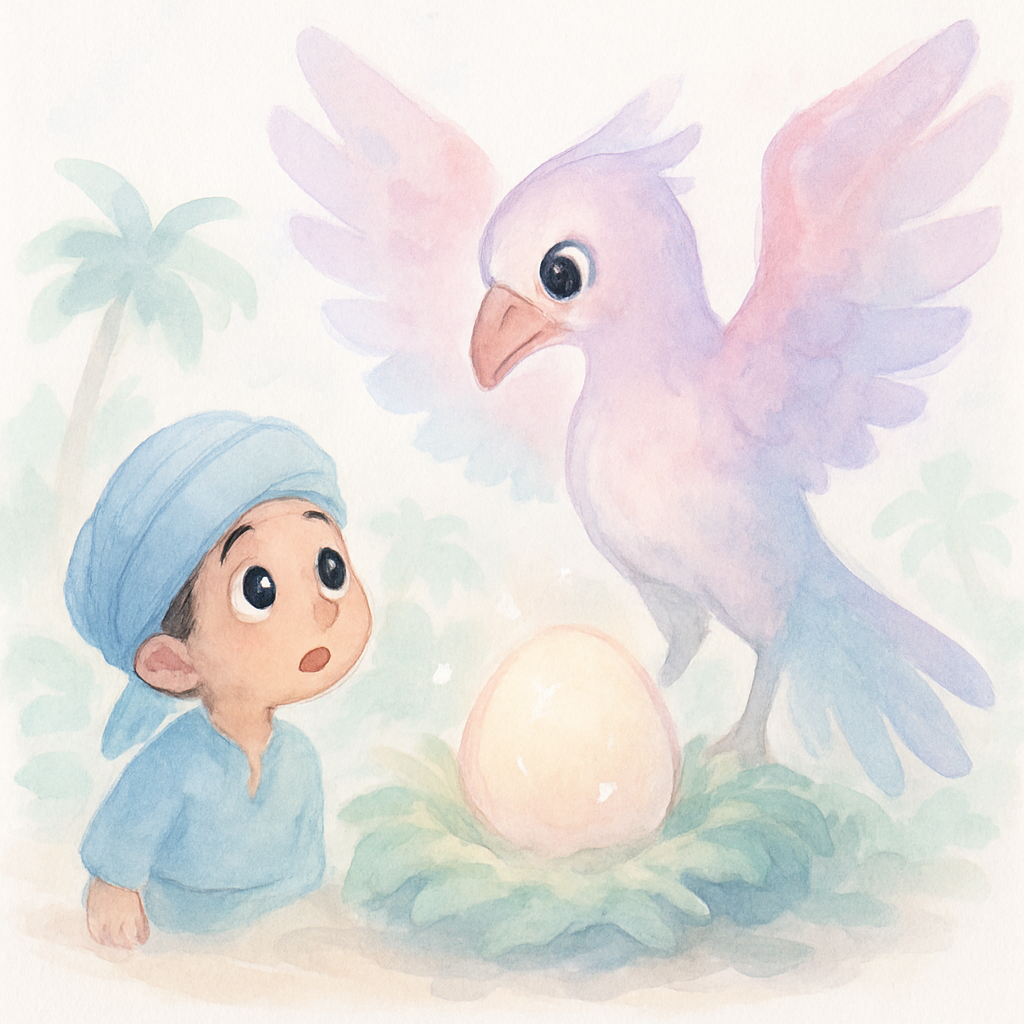 새 섬에서 반짝이는 알을 지키는 커다란 새와 만난 신밧드